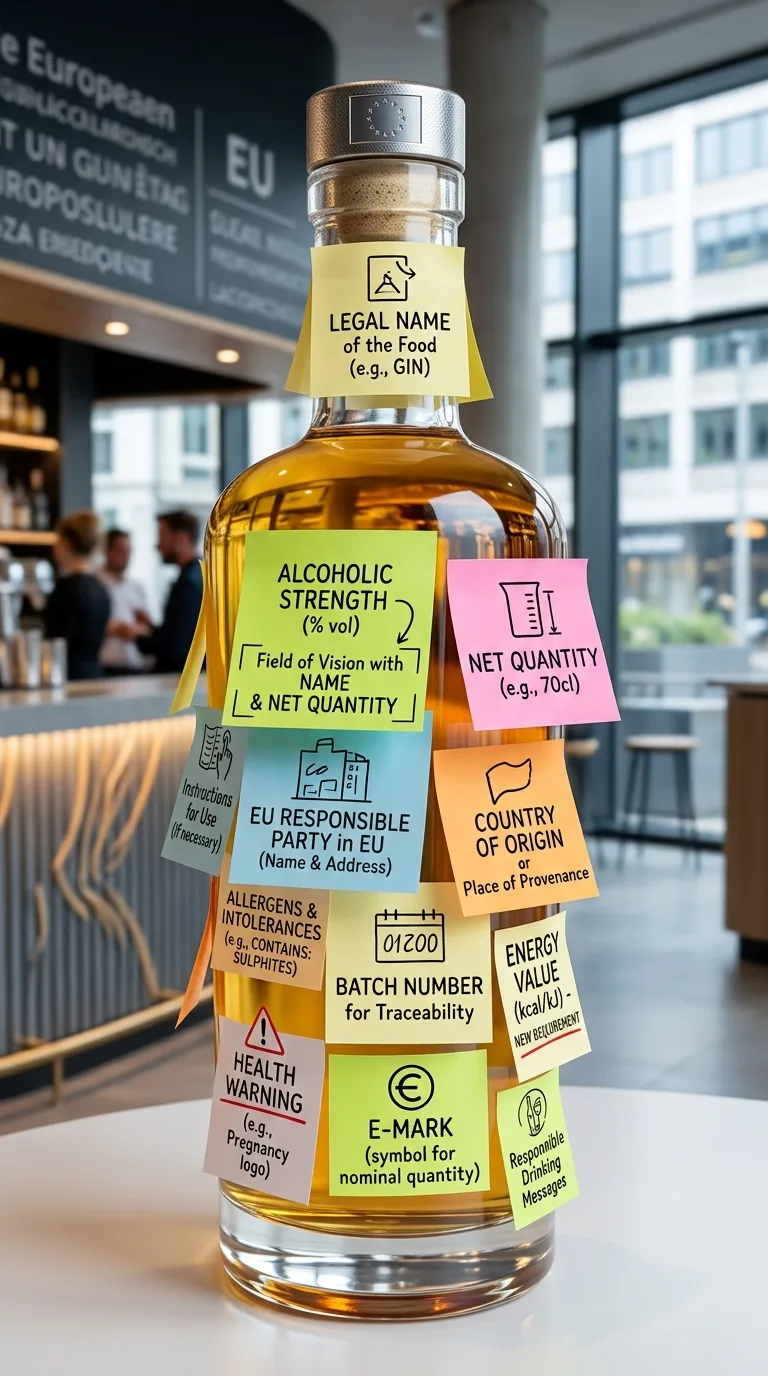 Bottle covered in notes, one for each mandatory label element