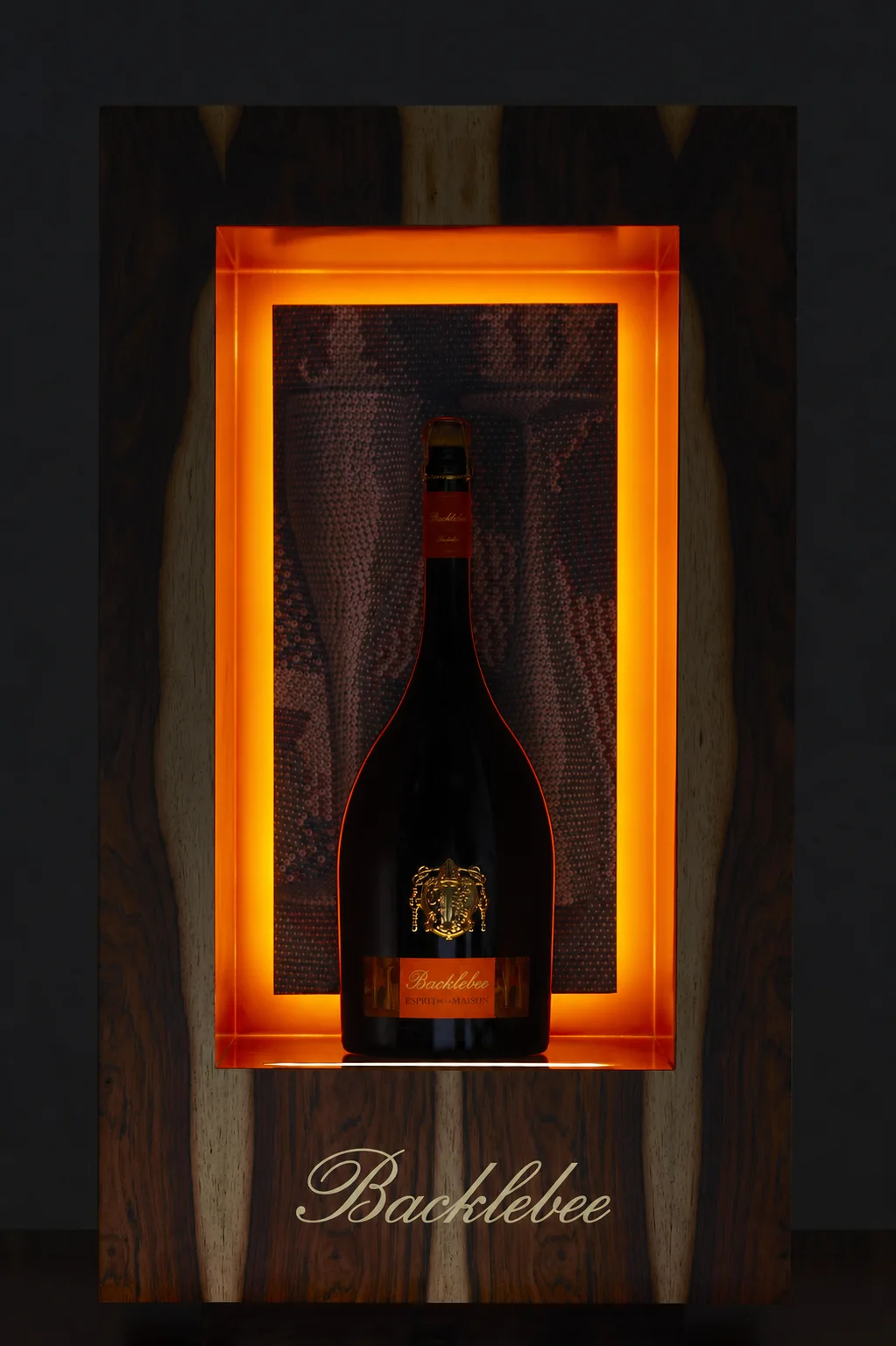 Bottle in a backlit display case