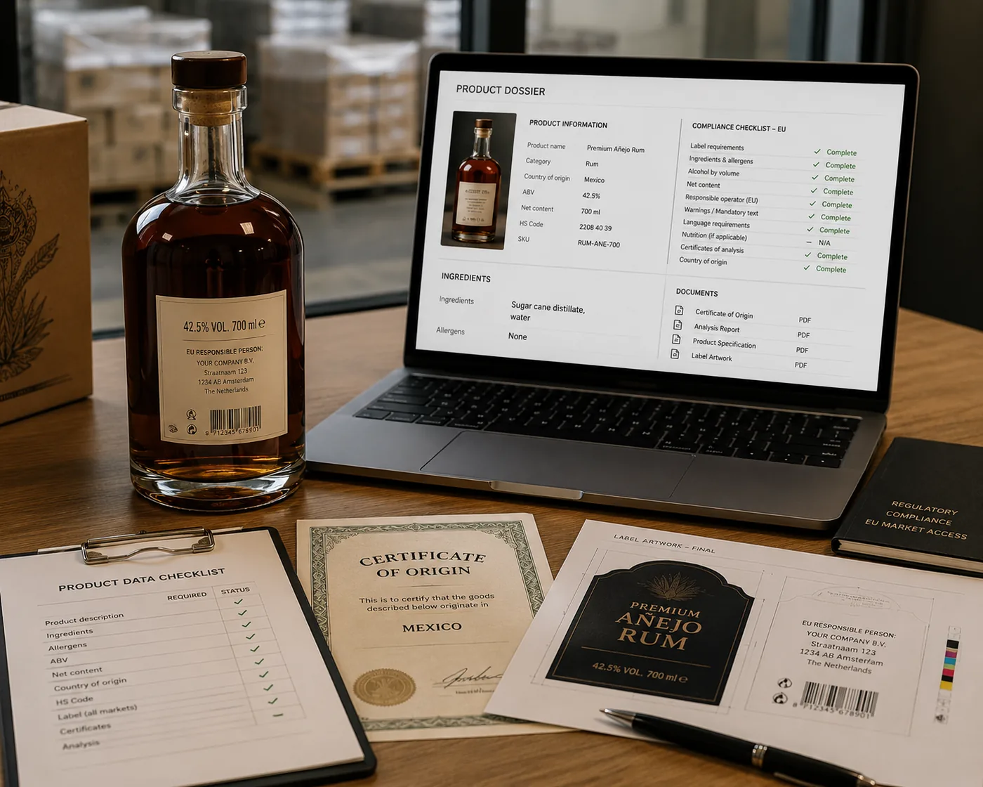 Product dossier and compliance checklist on a laptop, next to the bottle