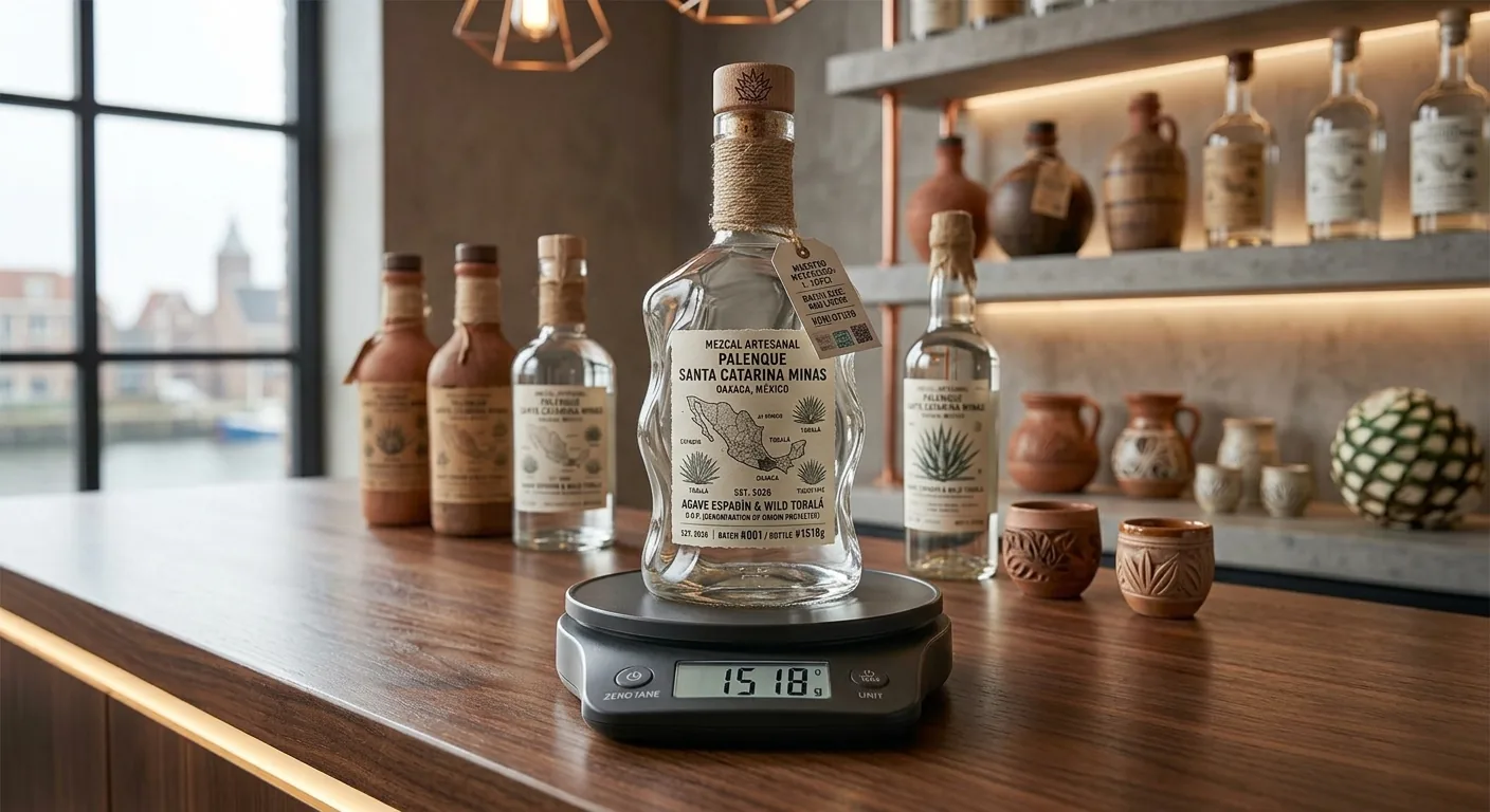 Bottle on a scale, its net weight shown in grams